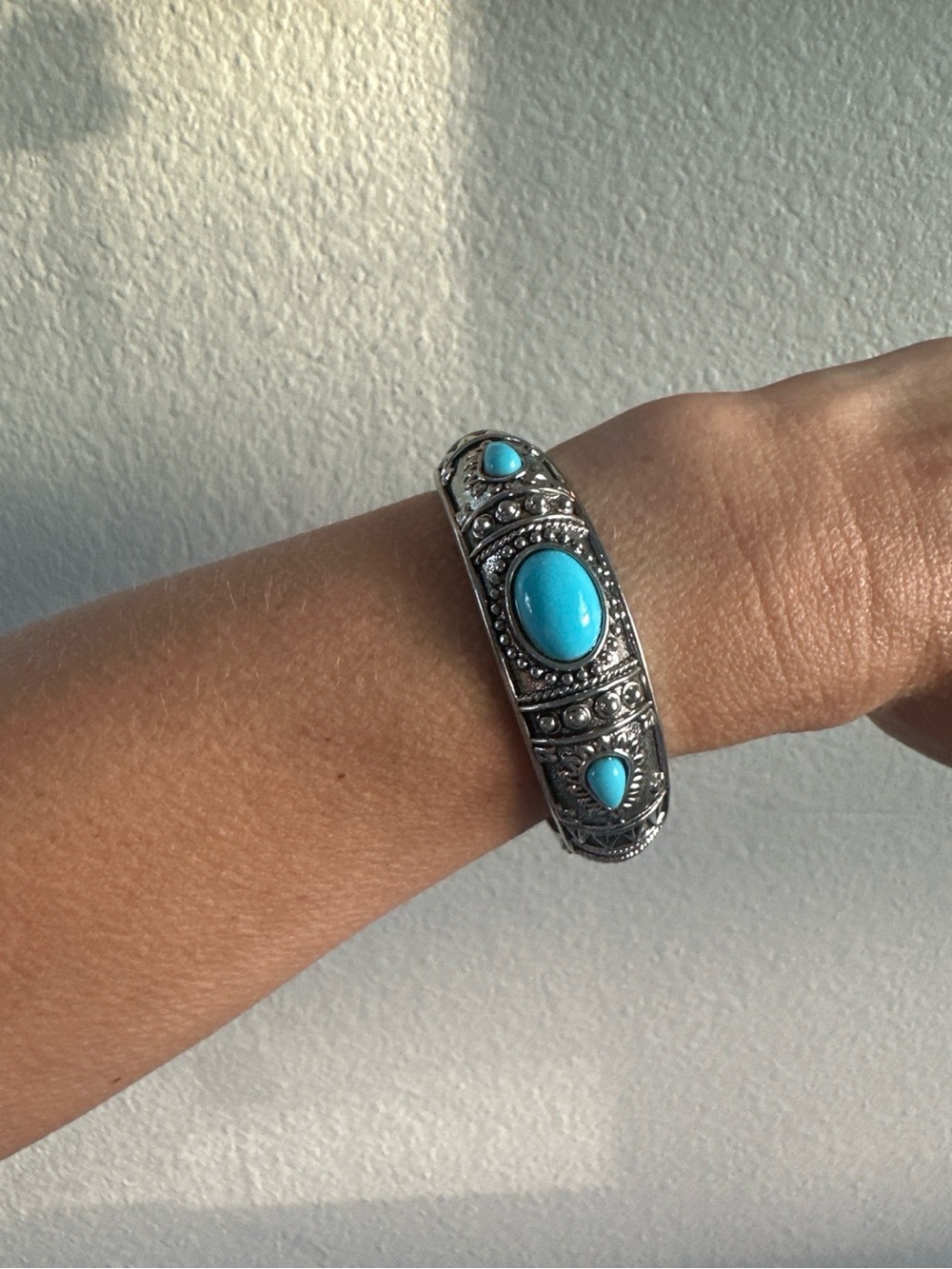 Turquoise Hinged Bangle Bracelet Southwest Boho Western Statement Cuff